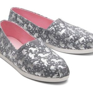 New in box TOMS Alpargata Drizzle Grey Foil Unicorns
